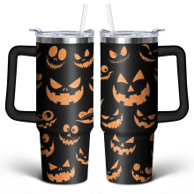 Halloween Emoji Orange Sequins 30 oz Tumbler with Handle Lid & Straw – Stainless Steel Vacuum Insulated, Compatible with Starbucks