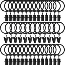 40 Pack Curtain Rings with Clips,Curtain Clip Rings Hooks,1.26 in Interior Diameter,Fits up to 1 in Curtain Rod, Black