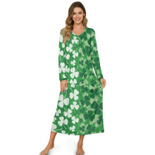 Women's Button-Front Nightgown, Long Sleeve, Soft Cozy Full-Length Lounging Dress – St. Patrick’s Day Housecoat, L, Clover Leaf White/Green