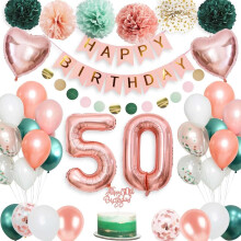 50th Birthday Decoration for Women, Pink Green Balloons Set with Happy Birthday Banner, Reusable 50th Birthday Party Decoration