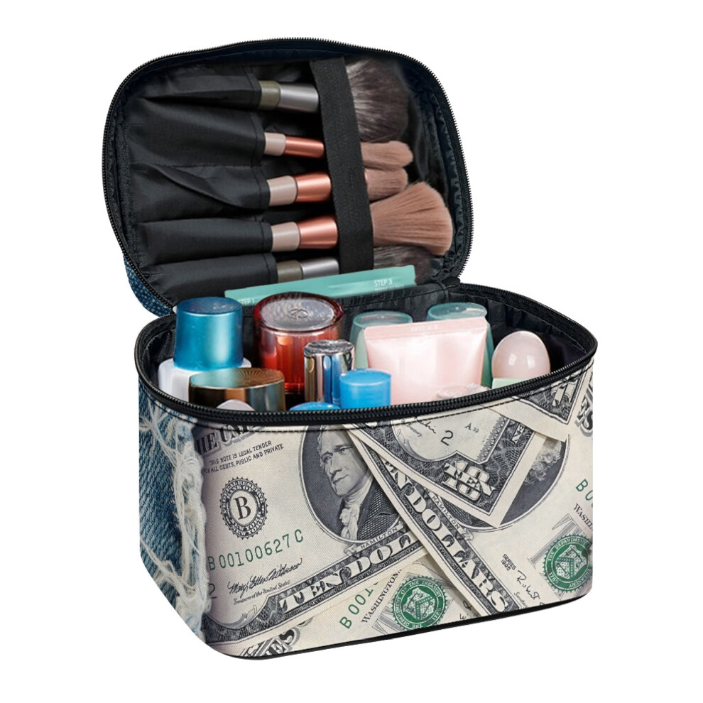 Makeup Organizer Bag with Brush Slots Travel Make Up Organizer 8.86 x 6.5 x 5.9 Inches Polyester for Woman Home Travel Office Denim