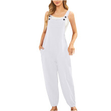 Damejumpsuit med lomme i bomuld og hør, løstsiddende, lang camisolejumpsuit til damer (hvid, XL)