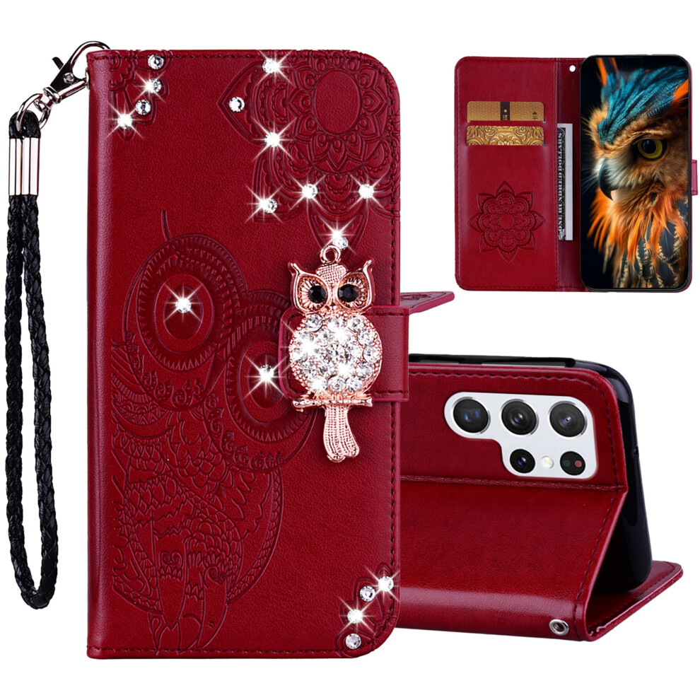 Cute Owl Glitter Wallet Case For Samsung Galaxy S25 Ultra Â Pu Leather Flip Cover With Card Slot, Wrist Strap & Crystal Design Red 9479868023956