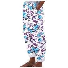 Calças de perna larga femininas, calças retas plus size para mulheres, calças casuais folgadas de verão com estampa floral vintage.