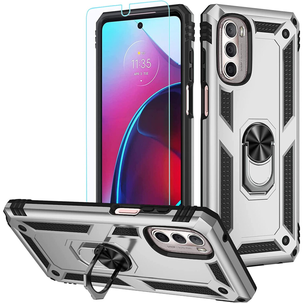 Moto G Stylus 5G 2022 Military Grade Case - 16Ft Drop Tested, Magnetic Ring Holder Kickstand, Screen Protector Silver 9479868125988