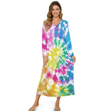 Soft Women's Button Nightgown, Full-Length Long Sleeve Loungewear – Compatible with 2XL, Colorful Tie-Dye