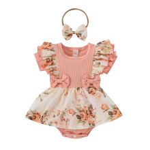 Babypiger Sommertøj Kortærmet Flæse Blomsterprint Tutu Nederdel Romper Bodysuit Pandebånd Sæt (Pink, 0-3 Måneder)