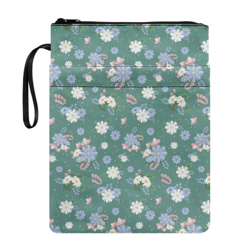 Zippered Book Cover – Teal Floral Pattern, 300D Polyester