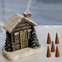 Weihnachtliche Kamin-Räuchergefäße aus Harz, Schnee, Winterhütte, mit 2 Räucherstäbchen