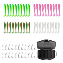 Fishing Lures Silicone T-Tail Bait 40 Pcs + Curved Hooks 20