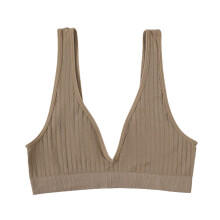 Diepe V-hals, brede schouderbandjes, geribbelde damesbeha, naadloze push-up, sportondergoed, dameskleding, kaki, M