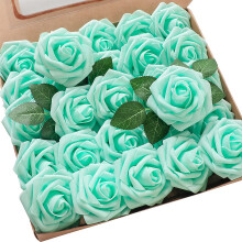 TETOU 25pcs Realistic Robin's Egg Blue Foam Roses with Stems – DIY Wedding Bouquets, Baby Shower, Home Decor (Compatible with DIY)