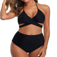 Dámske sexi bikiny, dámska sada bikín s vysokým pásom a bandážou, zavinovacie 2-dielne push-up plavky, zaväzovanie vpredu a vzadu (čierne,