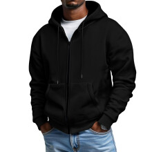 Neue Herren-Freizeit-Sportjacke mit Fleecefutter, warm, mit vielen Taschen, Kapuze – Schwarz, Größe L