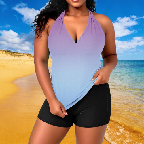 Σετ Tankini Ombre για γυναίκες, μεγάλα μεγέθη, λαιμόκοψη halter, ενσωματωμένα μαξιλαράκια