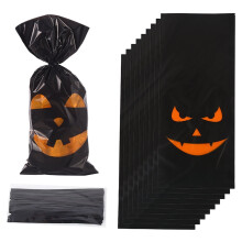 TETOU 50Pcs Halloween Cellophane Treat Bags 4.92x10.93", Multi-Color Bat/Pumpkin/Witch Design with Twist Ties – Compatible with Halloween Party