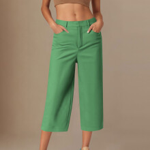 Cropped bukser til kvinder Trendy Business Casual Højtaljede Pull On-bukser med lige ben og lommer