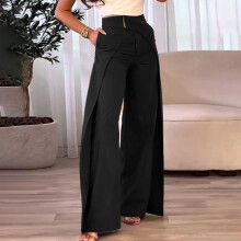 Calça feminina de cintura alta, pernas largas, com bolsos e design assimétrico, modelo casual, tamanho XXL, preta.