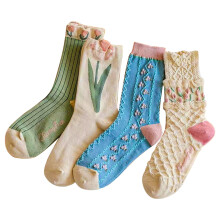 4/5-pack söta blommiga damstrumpor, bomullsstrumpor med vintagebroderi och rund hals