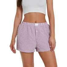 Short de détente pour femme, mignon, doux, élastique, taille basse, imprimé à carreaux, boutons sur le devant, style boxer, taille moyenne, violet