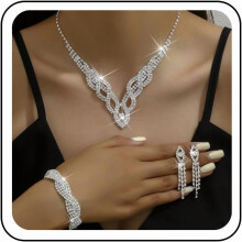 Vintage Crystal Rhinestone Jewelry Set (4pc) – Necklace, Earrings, Bracelet, Elegant Bridal Accessories, Compatible with Marquise & Teardrop Styles