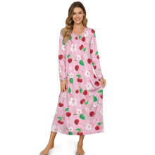 Langermet nattkjole for kvinner, knapper foran, myk, pustende nattskjorte i hel lengde – kirsebærblomstrosa, 2XL, kompatibel med alle