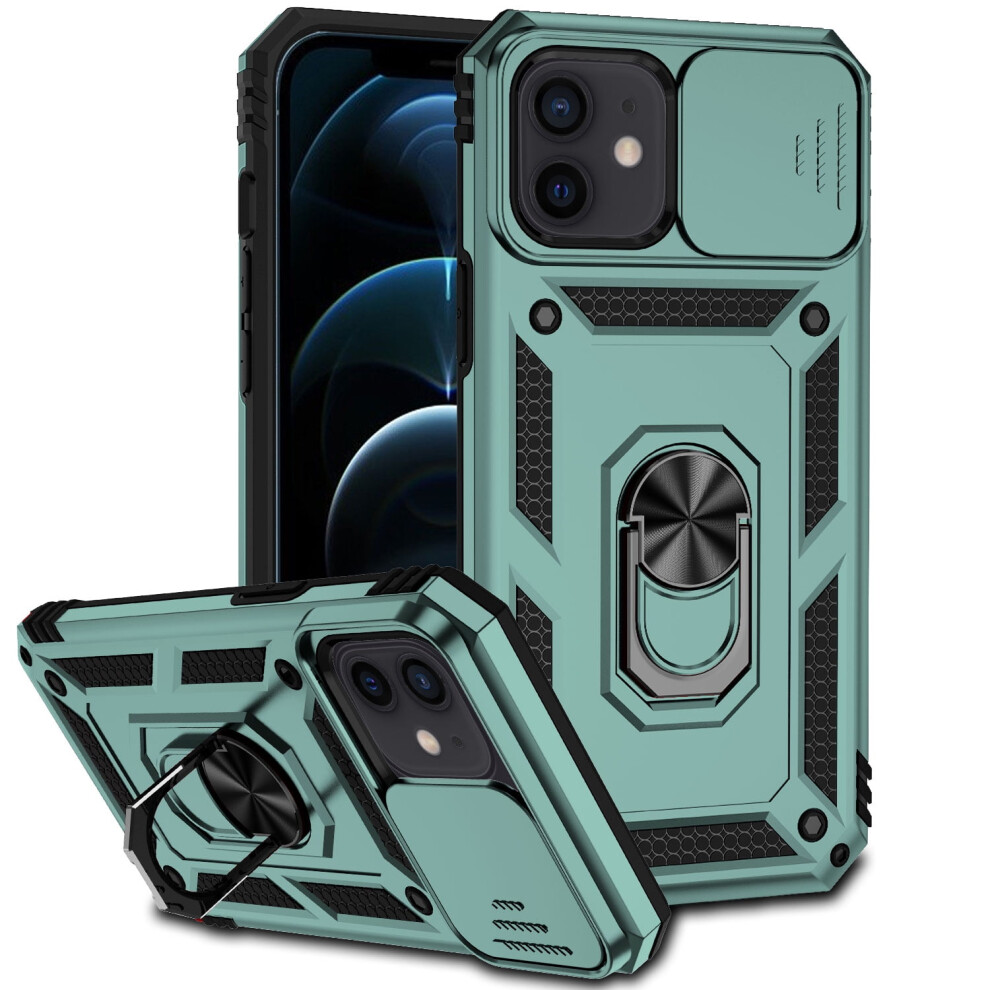 Compatible With Iphone 12 / 12 Pro: Dark Armor Case With Kickstand, Slide Lens Cover, 360 Rotating Ring, Magnetic & Shockproof Green 9479868617735