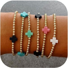 Women's Beaded Bow Bracelet Set Fade-Resistant Thick Elastic Cross Pearl Bracelet Christmas Jewelry Gif