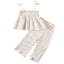 Sommertøj Småbørn Piger Camisole Outfits Baby Hør Blonde Smocked Ærmeløse Tanktoppe Bukser Sæt Tøjsæt Blødt