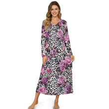 Soft Full-Length Nightgown for Women, Long Sleeve Sleepdress with Buttons, Lightweight Cozy Nightshirt – Violet Rose Leopard Print, L