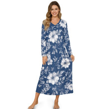 Long Sleeve Nightgowns for Women Soft Sleepshirt Night Gown, Women's Pajama Dress with Partial Buttons, Cozy Ankle Length Nightdress, XL, Blue Flower