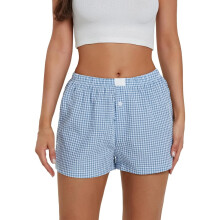 Dames loungeshorts, schattige, zachte, elastische, lage taille, geruite print, pyjamabroek met knoopsluiting aan de voorkant, boxershorts,
