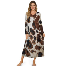 Women's Cow Print Sleepshirt – Soft Button-Front Nightgown, Long Sleeve, Full-Length, Indoor Lounge Dress, 3XL, Compatible with Bedroom Use