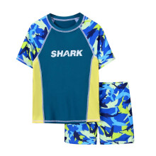 AWZXDE Drenge Fast Dry To-delt Badesæt UPF50+ Kortærmet Rashguard og Badebukser Til Varme Kilder Og Strand (7-12 År) Blå, 9-10 År
