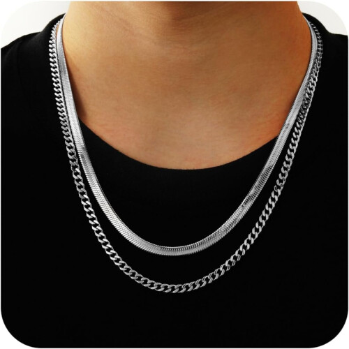 Layered Cuban Rope Herringbone Chain Necklace Set 2 pcs