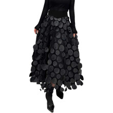 Női Vintage A-vonalú maxi szoknya, magas derekú, rakott, 3D pöttyös szoknya, fekete nyári szoknya nőknek, 2XL méret
