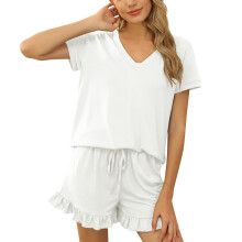 Women's Solid Lounge Set Short Sleeve Drawstring Shorts