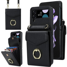 Peněženka a pouzdro na telefon kompatibilní se Samsung Galaxy Z Flip4 5G (2022) – RFID blokování, stojánek na prsten, popruh přes rameno,