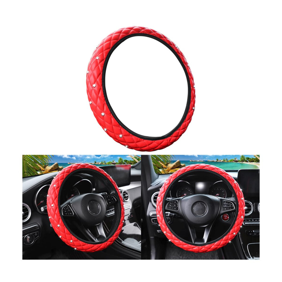 Bling Leather Steering Wheel Cover With Crystal Rhinestones, AntiâSlip Grip, Universal Fit Red 9092120178425