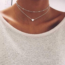 (A)Boho Layered Heart Necklace Silver Beaded Choker Necklace Chain Lover Pendant Necklaces Beach Jewelry for Women and Girls