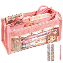 Cute Pink Pencil Case for Girls, FourLayer Large Capacity Transparent Cartoon Pouch with Pen and Tape