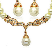 Bridal Women Necklace Faux Pearl Rhinestone Charms Wedding Earrings Jewelry Set Gold