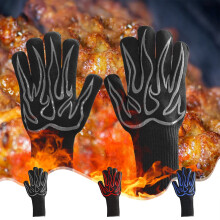 Grillhandske med flammehæmmer, 5 fingre, varmebestandig op til 800F, skridsikkert greb, slidstærkt stof, 32x12cm, sort/rød/blå