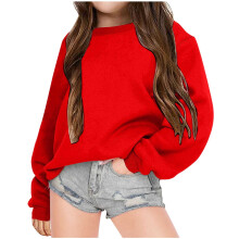 Moletom vermelho com ombros caídos para meninas, modelo casual liso, ideal para crianças de 6 a 7 anos – Perfeito para o outono.