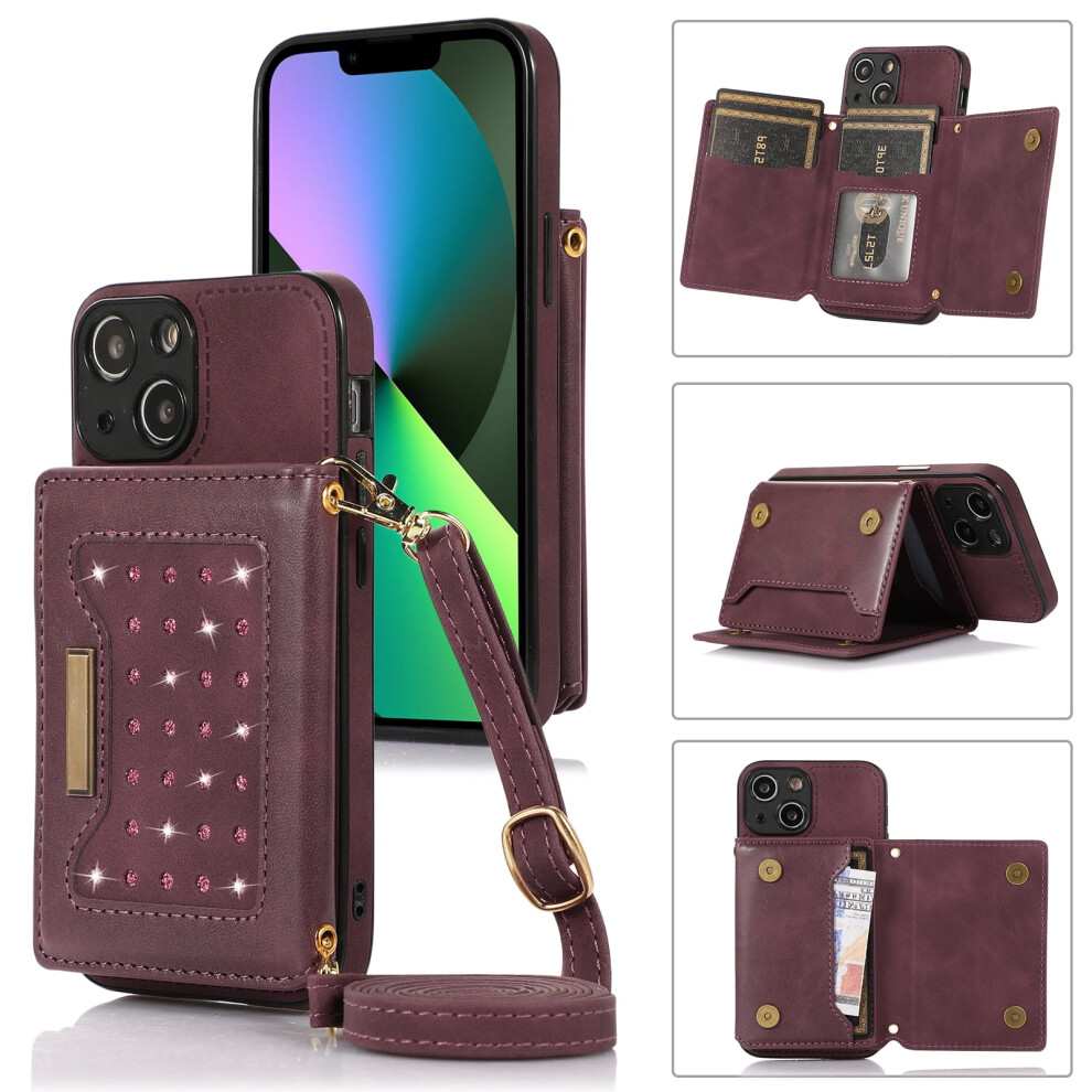 Women's Crossbody Wallet Case For Iphone 13 Â Pu Leather, Diamond Design, Credit Card Pocket, Lanyard & Bling Flip Cover, Wine Red 9479868127609