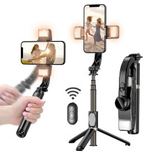 Estabilizador Gimbal com Bastão de Selfie compatível com iPhone, permite rotação de duas luzes, Gimbal portátil com tripé e controle remoto.