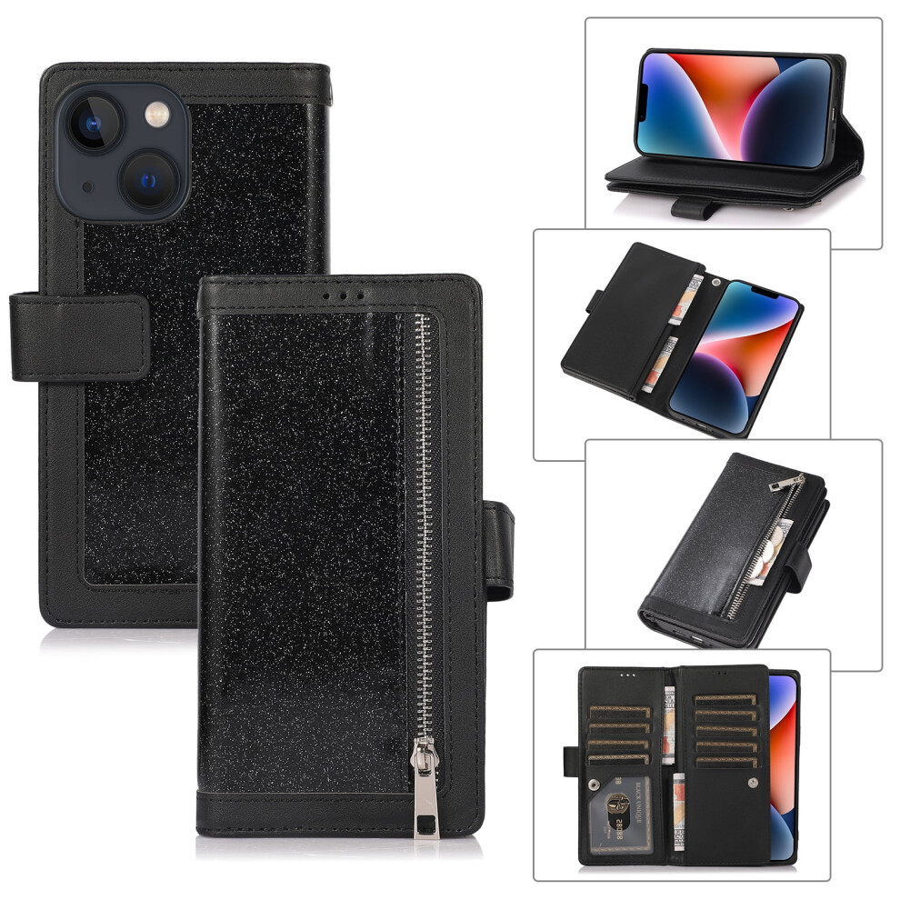 Sparkle Glitter Flip Case For Iphone 13 Â Pu Leather Wallet With Card Holder, Magnetic Kickstand, Zipper, Wrist Strap Â Black 9479868129962