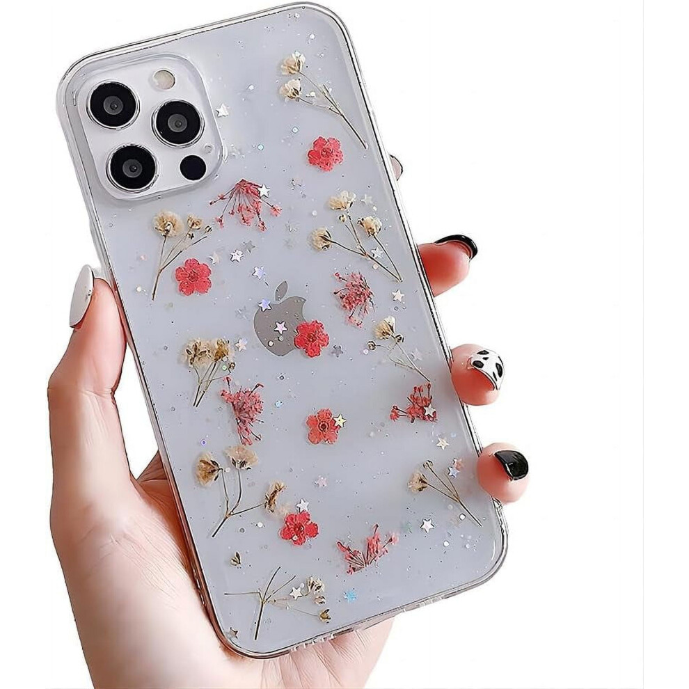 Cute Glitter Sparkle Silicone Iphone Case With Pressed Real Flowers Â Soft, Shockproof (, Compatible With Iphone 11) Red 9479868131903