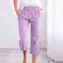 Pantaloni Capri pentru femei din bumbac și in, casual de vară, cu picior drept, lejer, cu cordon elastic, talie scurtă