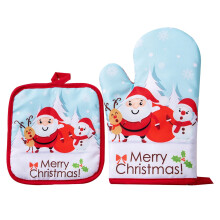 Christmas Baking Heat Resistant Gloves Set with Cotton Potholder, Machine Washable, Oven & Microwave Mitts Compatible with Kitchen Use